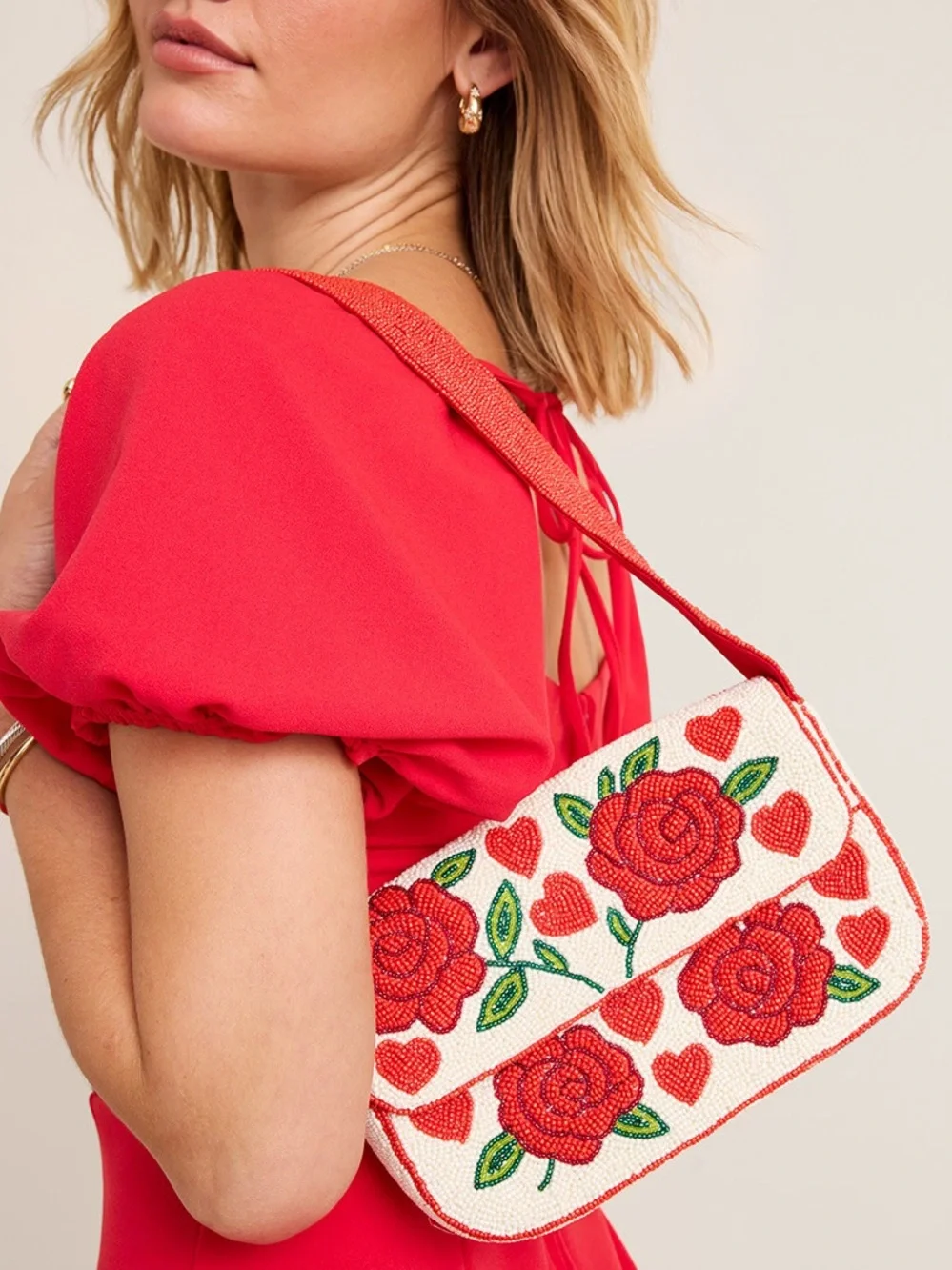 NWT Francesca’s Embroidered Red Rose Beaded Shoulder Bag